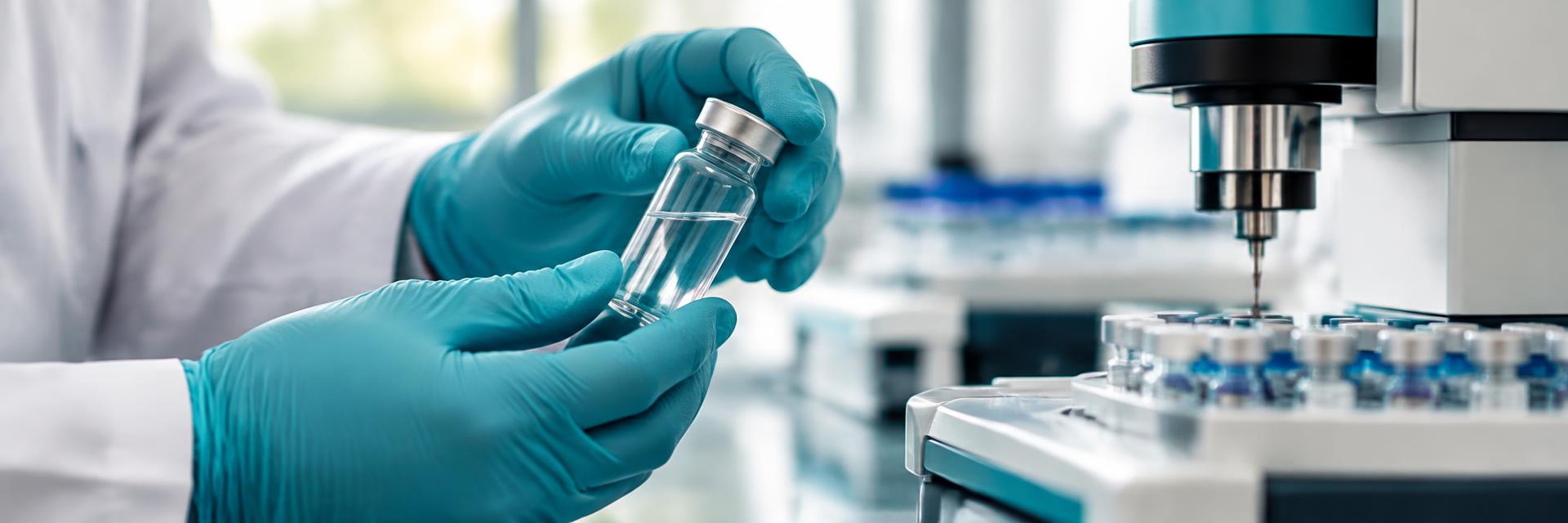 Illustrative laboratory scene with gloved hands holding a vial