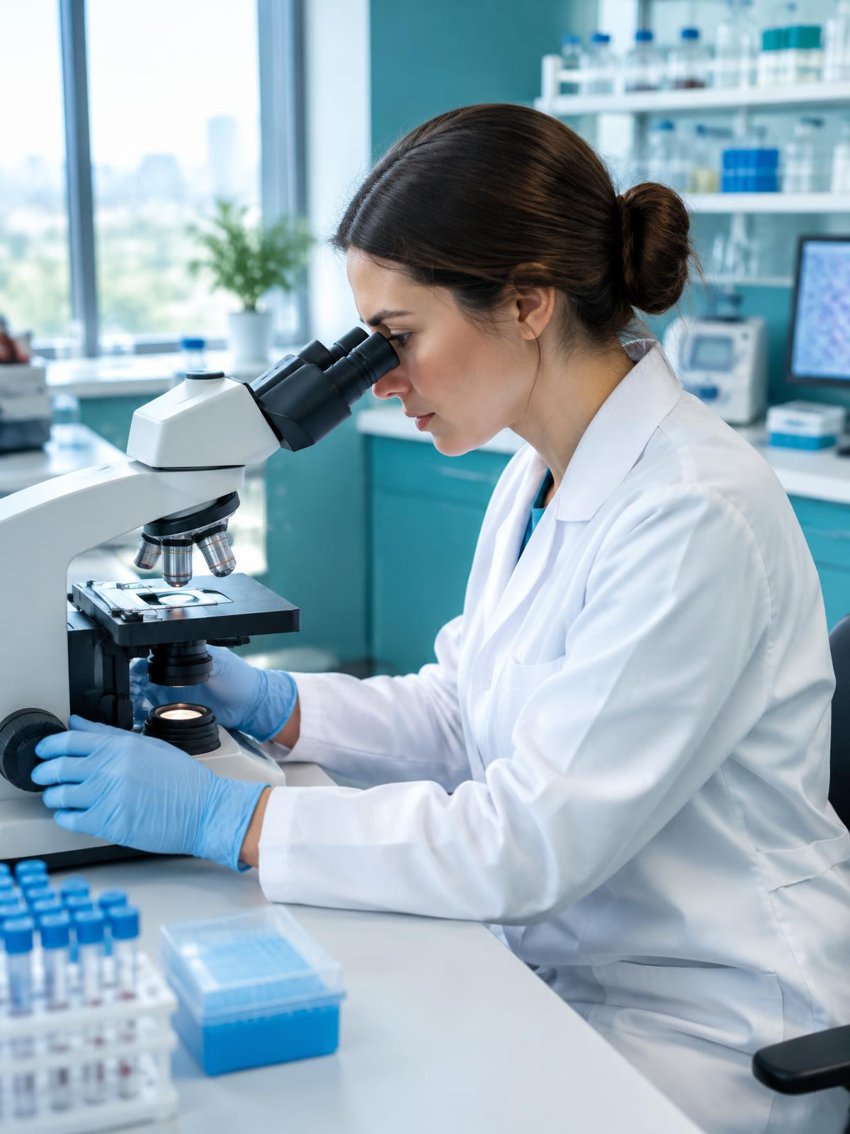 Illustrative medical laboratory technician working with a microscope